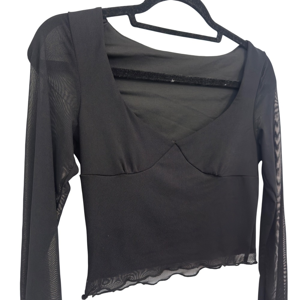 Sheer Mesh Crop Top Black Long Sleeve Lettuce Edge Sweetheart Neck Size S Y2K